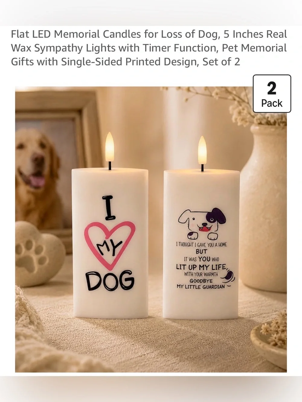 6/$20 Pet Memorial LED Candle Set for Dogs - White with Pink & Black Accents NWT